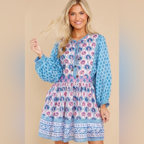 NWT Oliphant Tie Front Balloon Sleeve Dress in Iris Blue Floral, Small - Picture 1 of 7